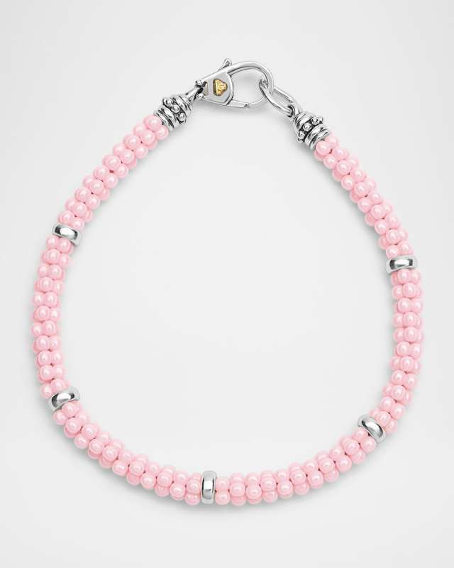 Sterling Silver and 18K Gold Pink Caviar Ceramic Station Rope Bracelet